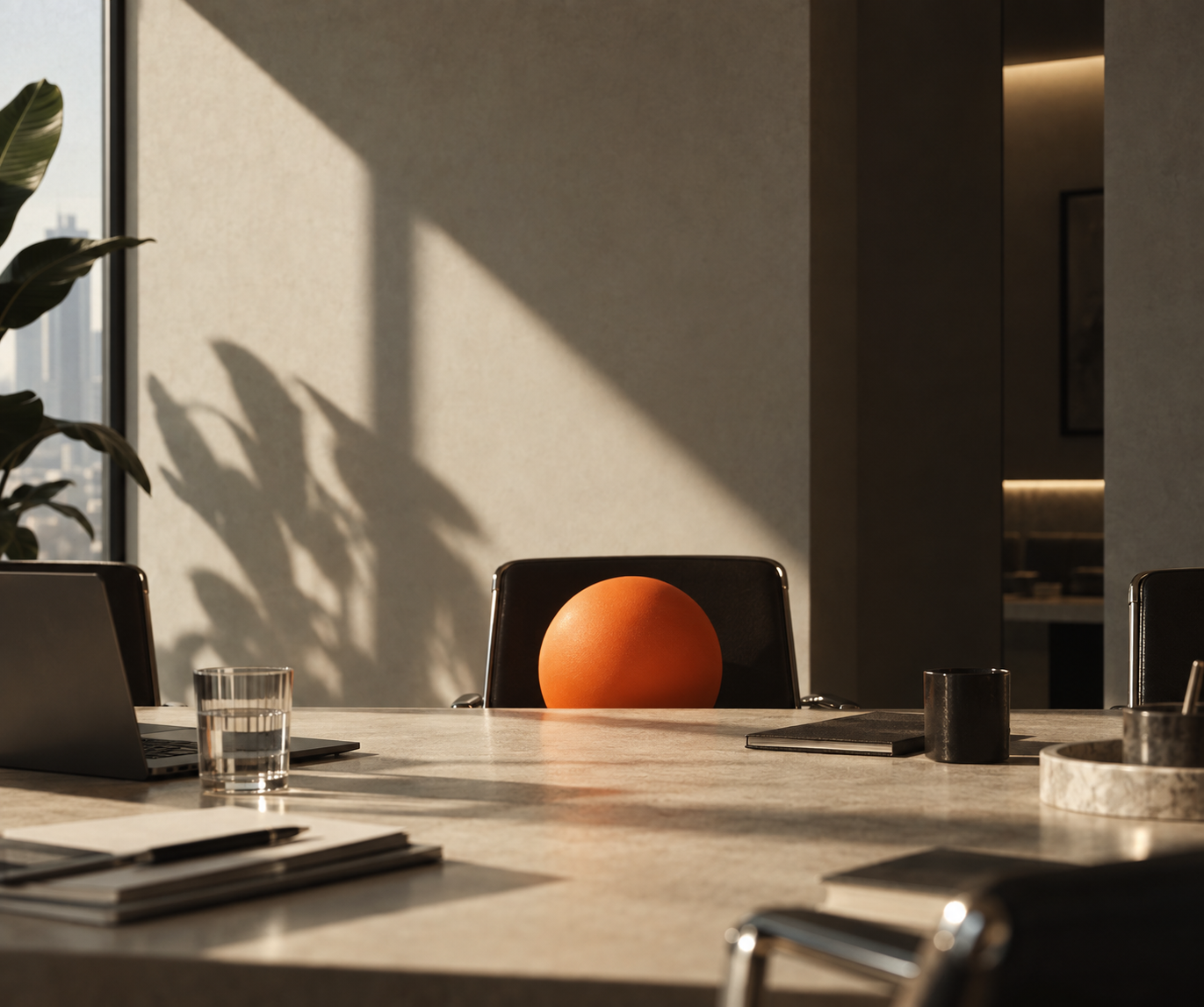 An orange sphere seated at a sunlit conference table in a modern Dubai office