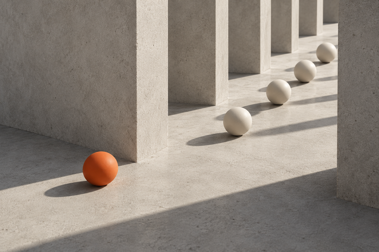 Minimal 3D scene with an orange sphere and neutral spheres between concrete columns