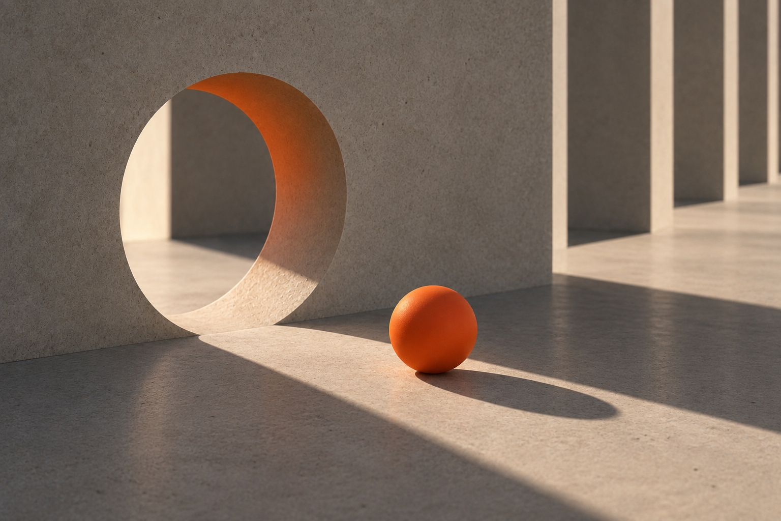 An orange sphere resting in a sunlit minimalist architectural space with a circular opening in the wall