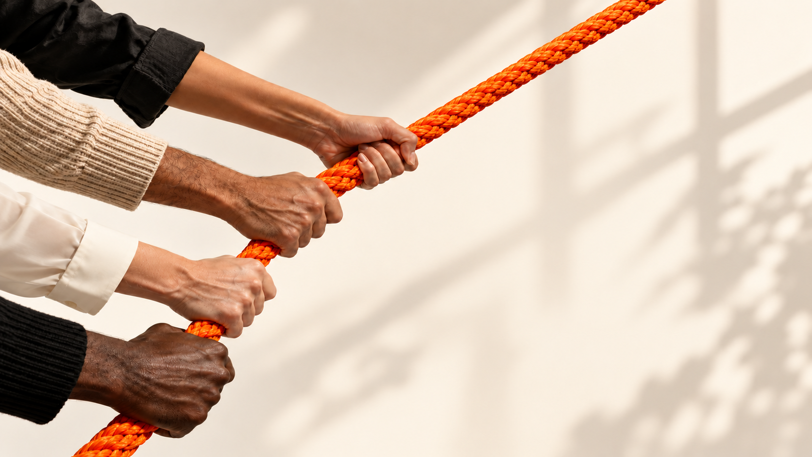 Four arms of different skin tones reaching from the left, all gripping one thick bright-orange rope pulled taut against a soft off-white studio wall